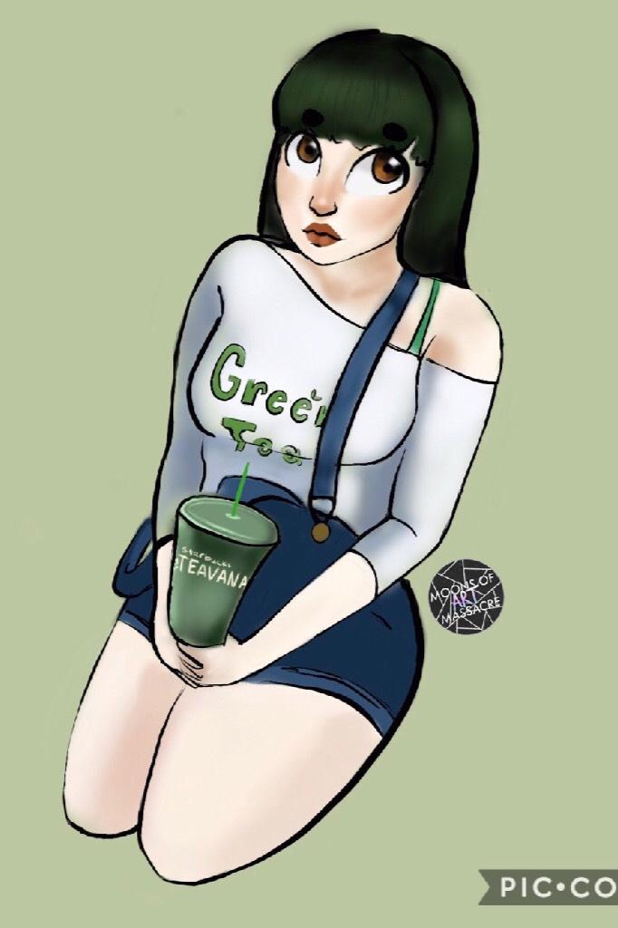 My OC Green Tea :) what do u guys wanna see more of? Digital art, realistic prismacolor pieces, copic cartoony drawings, sculptures?