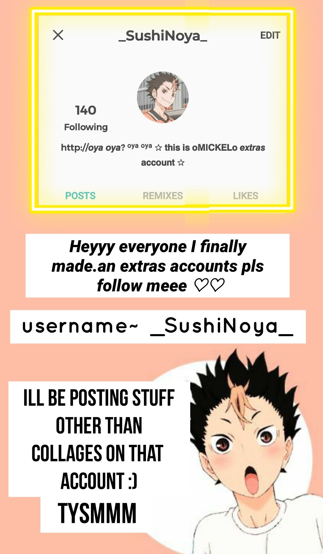 Plssd follow my extras account 

 username ~ _SushiNoya_
tysmmmm ♡~♡