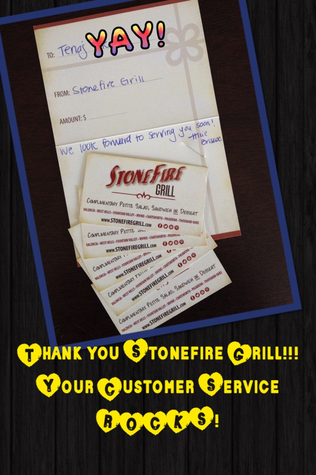Thank you @StonefireGrill!!!
Your Customer Service ROCKS! Quick, thorough, & friendly. See you soon! 