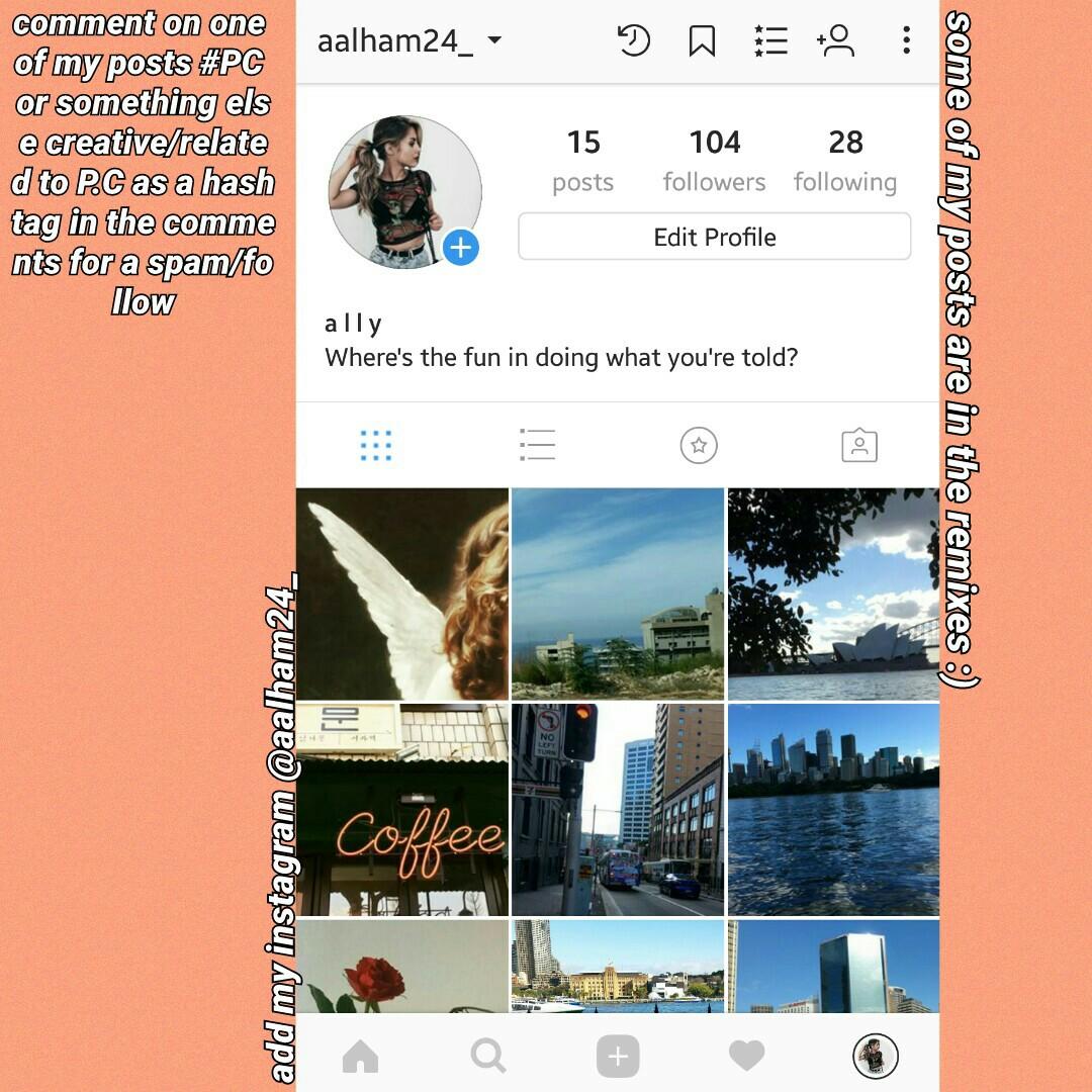 follow my insta @aalham24_ and comment on one of my posts #PC or something else creative/related to P.C as a hashtag in the comments for a spam/follow. 💋