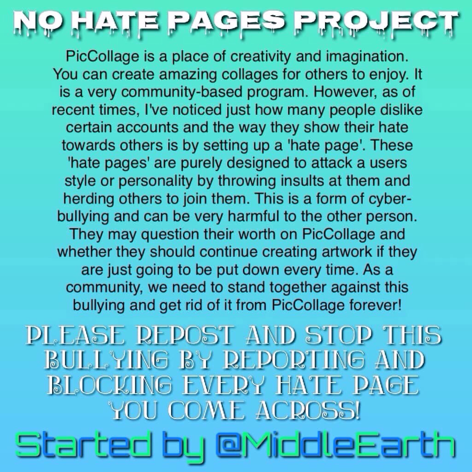 URGANT CLICK

We need to stop this!!!  No one deserves to have a hate page....PC is a place or creativity not hate! So please help by repaying and spreading the word!