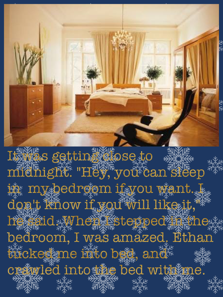 It was getting close to midnight. "Hey, you can sleep in  my bedroom if you want. I don't know if you will like it," he said. When I stepped in the bedroom, I was amazed. Ethan tucked me into bed, and crawled into the bed with me.