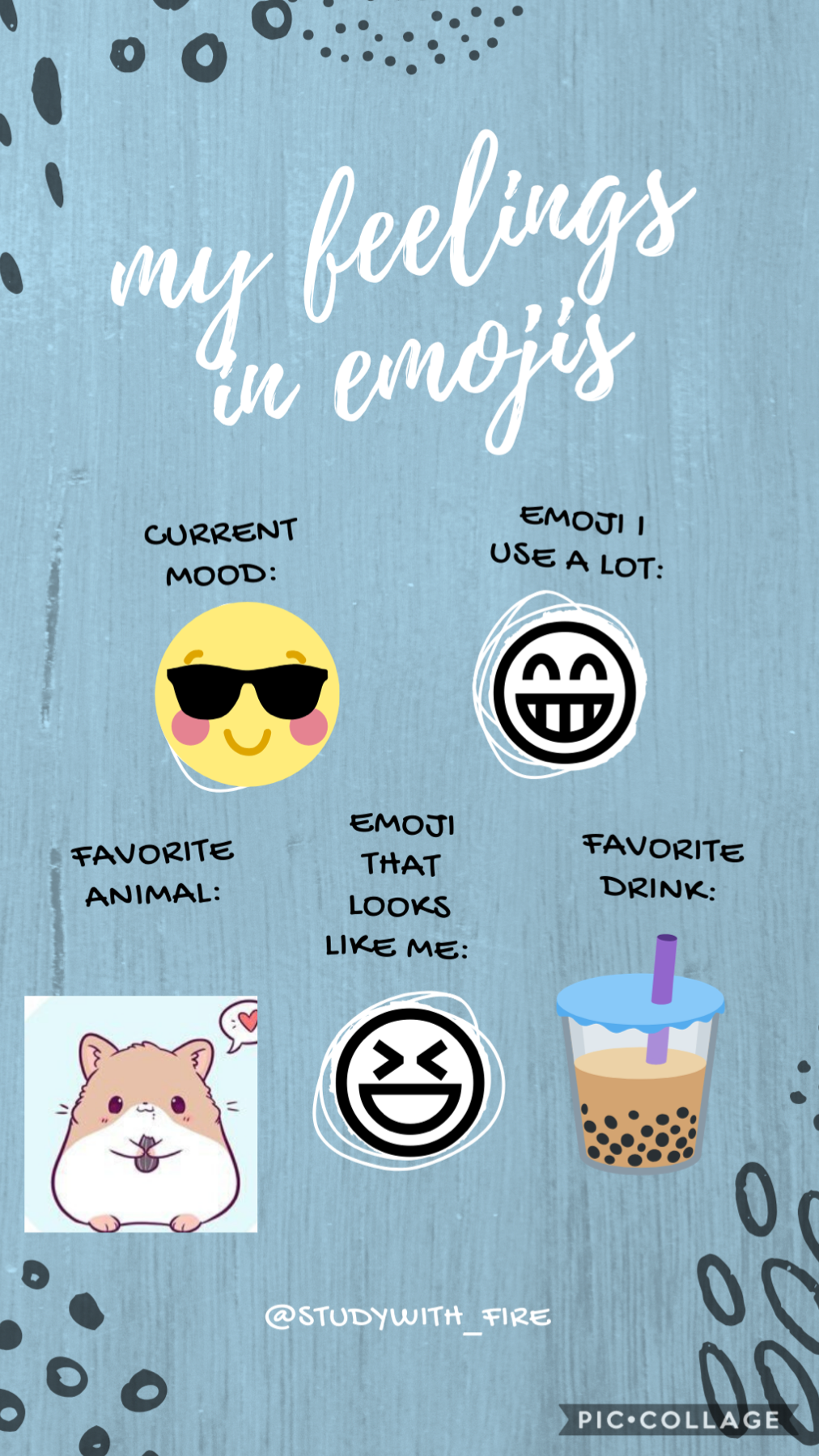 My feelings in emojis. This are my normal feelings but now I am just gloomy. But PicCollage cheers me up...