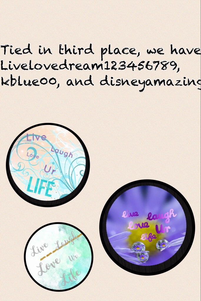 Tied in third place, we have Livelovedream123456789, kblue00, and disneyamazing