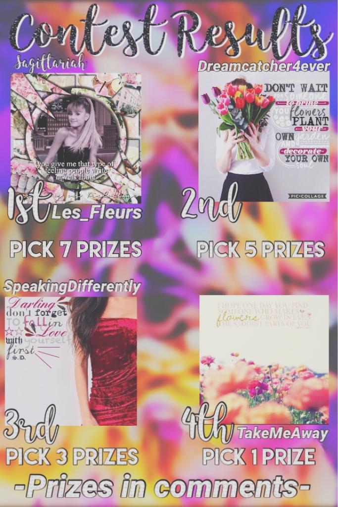 🌷click🌷
Hey guys! Results are *Finally* Up! Sorry for the wait. Congrats to the winners! Thank you all do much for entering. I absolutely loved ALL of the entries and it took me forever to pick 4 winners. Prizes in comments🏆🎉🎉