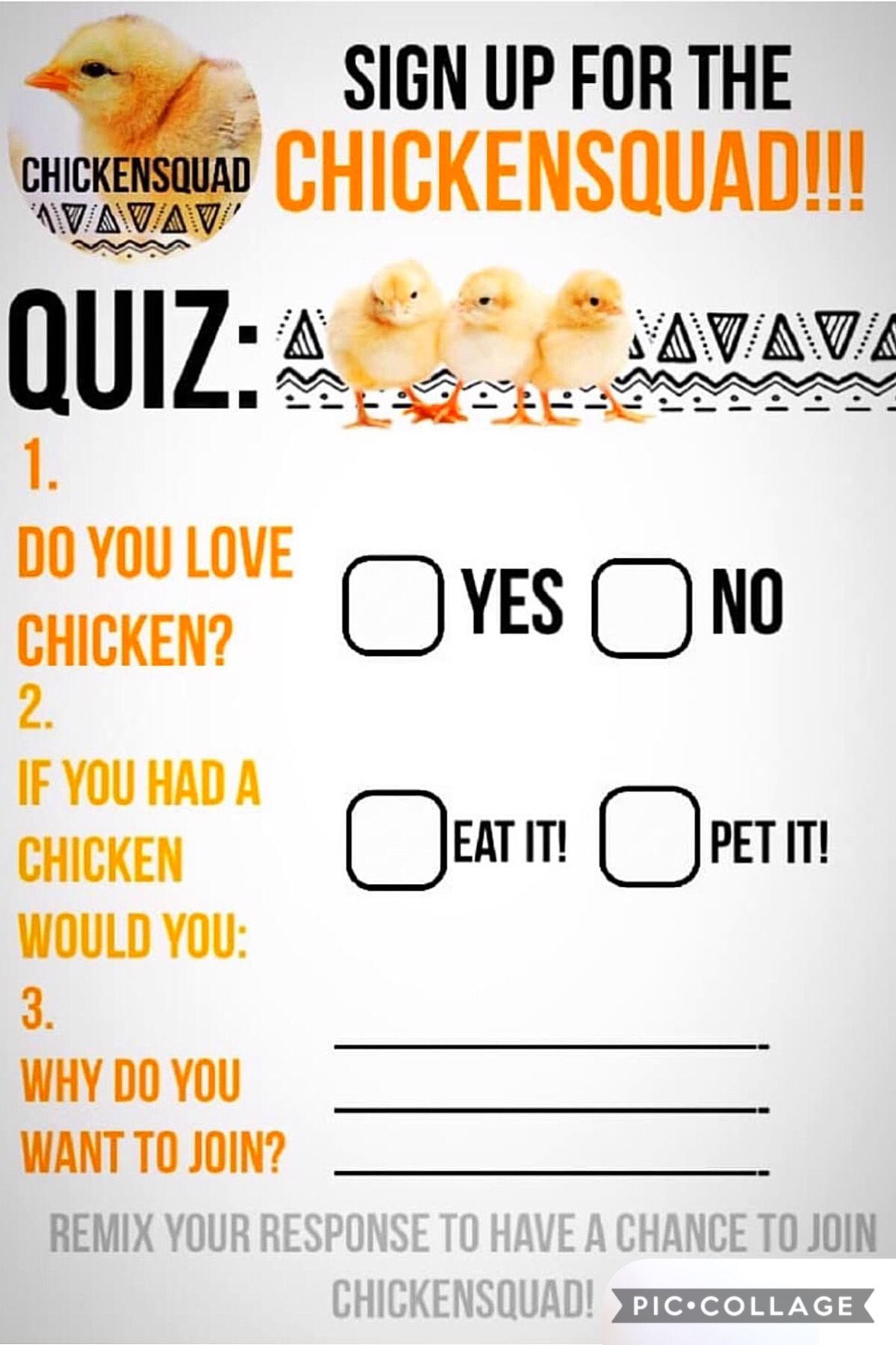 {TAP FOR CHICKENNNN}

🐔🐣🐤🐥 🐓 🍗 
OH YEAH!!!!
You guys should try out for the ChickenSquad! Created by me, donutqueen16 and love_yourselfx3!
(Don’t forget to follow them too)
😂😂😂