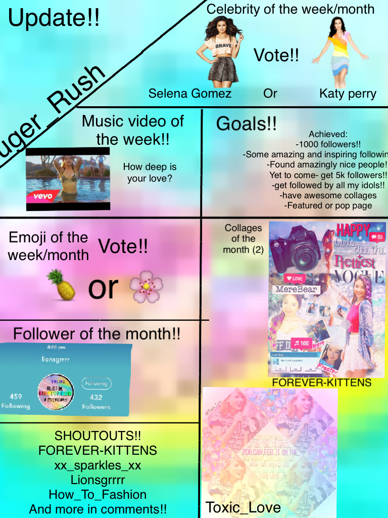 Look in comments!! Comment if you want a shoutout and why!! If you have a collage for collage of month just respond!! And remember to vote!! //Mackenzie 