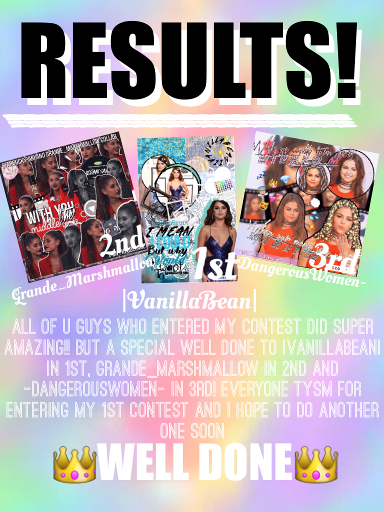 💖CLICKY💖
☮Results r finally here!☮💎Thank u everyone for making my first contest so amazing💎💕I am so amazed with the number of ppl that entered💕👑I will definitely try to make a new contest soon👑