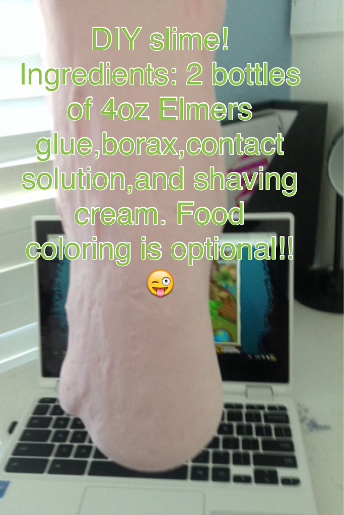 DIY slime!
Ingredients: 2 bottles of 4oz Elmers glue,borax,contact solution,and shaving cream. Food coloring is optional!!😜