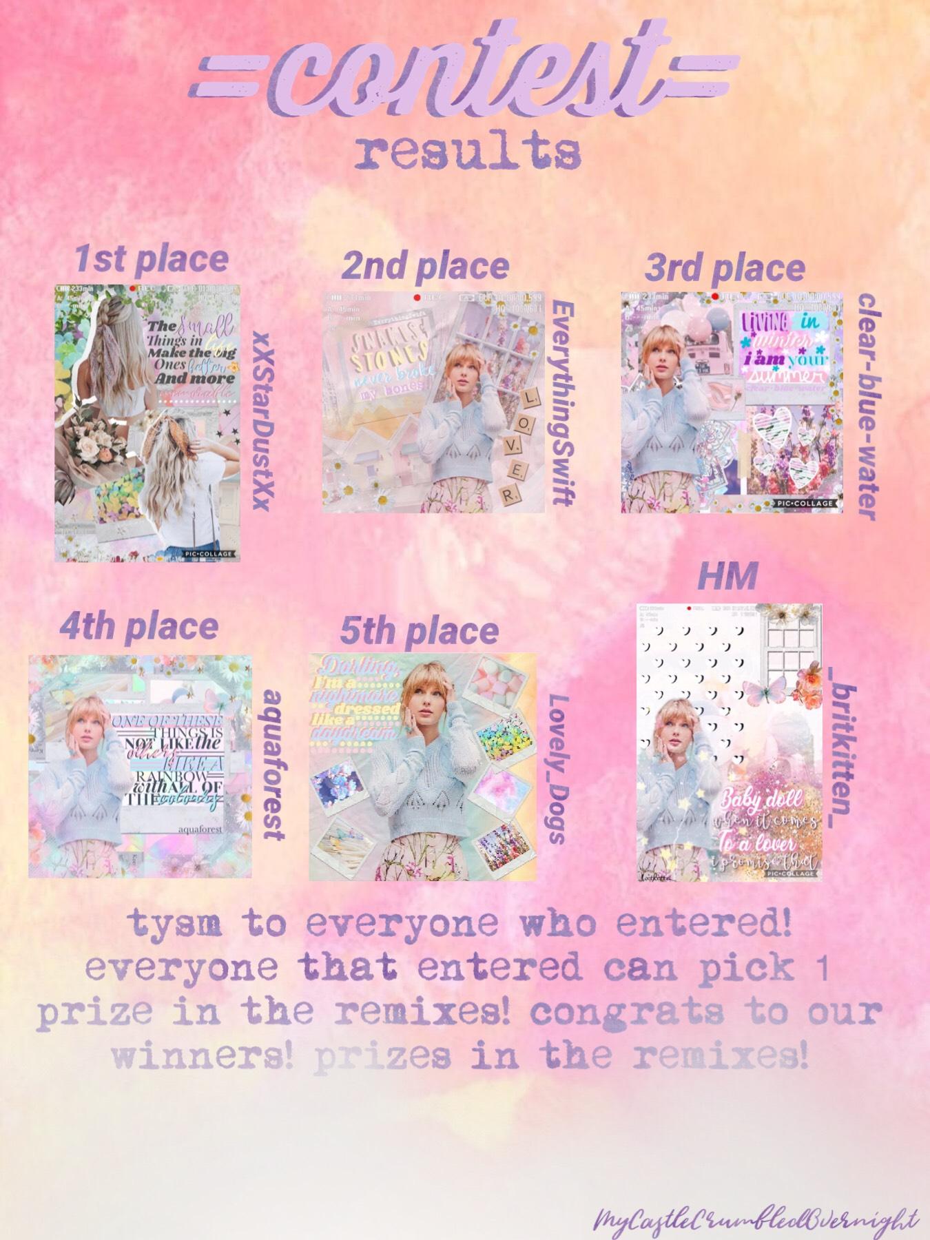 congrats to all our winners! prizes in the remixes! tap!
shoutout to xXStarDustXx for getting 1st place! go follow her! her collages are absolutely stunning! 