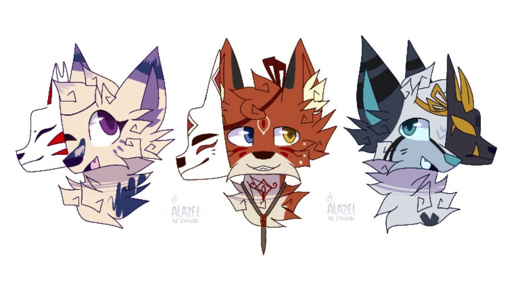 Tap!
[KKF2020]
---
Sukāfu, Hinjarii and Haiki already have their own masks so here =w= (they're all foxes too!)
I wanna draw all of my 22 Japanese/inspired ocs in masks djdjdkdidi