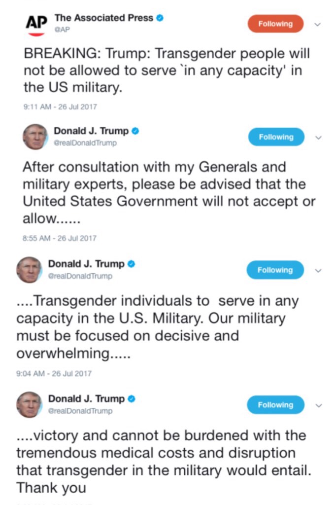 if you support Trump please block and unfollow me. I just can't believe it. He called transgender people a disruption. People who have dedicated years of service and risked their lives are being thrown out because of this. It still hasn't sunken in