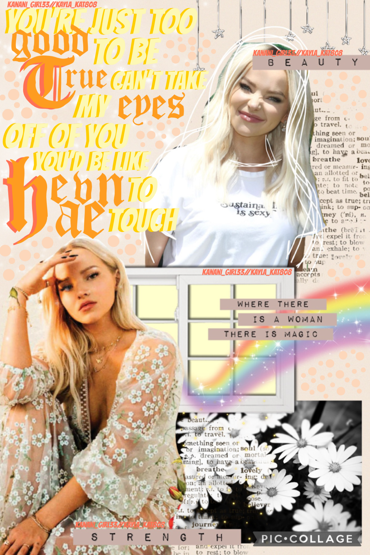 💛tap💛
march 25, 2021
hello everyone! dove cameron appreciation collage! i just found out she likes brownies and ranch together... what weird food combos do you like? 💛