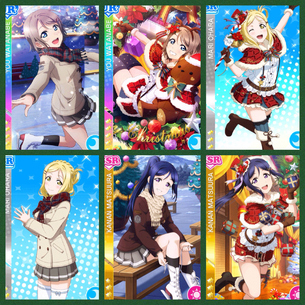 OK I LOVE THESE CARDS, My fav is Kanan's tbh, but You's UR is gorgeous, but I don't like how her arms look in the unidolized tbh