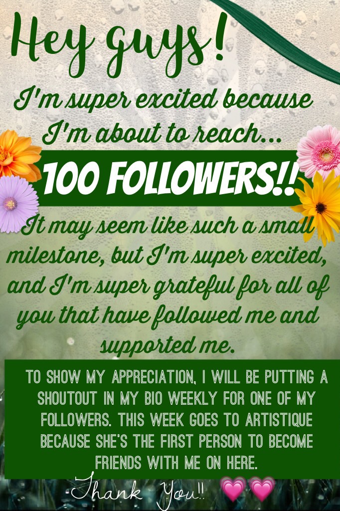 ❣️TAP❣️
Thank you so much guys! Just a small note: people may receive a shoutout more than once depending on how I'm feeling. Thanks 😊