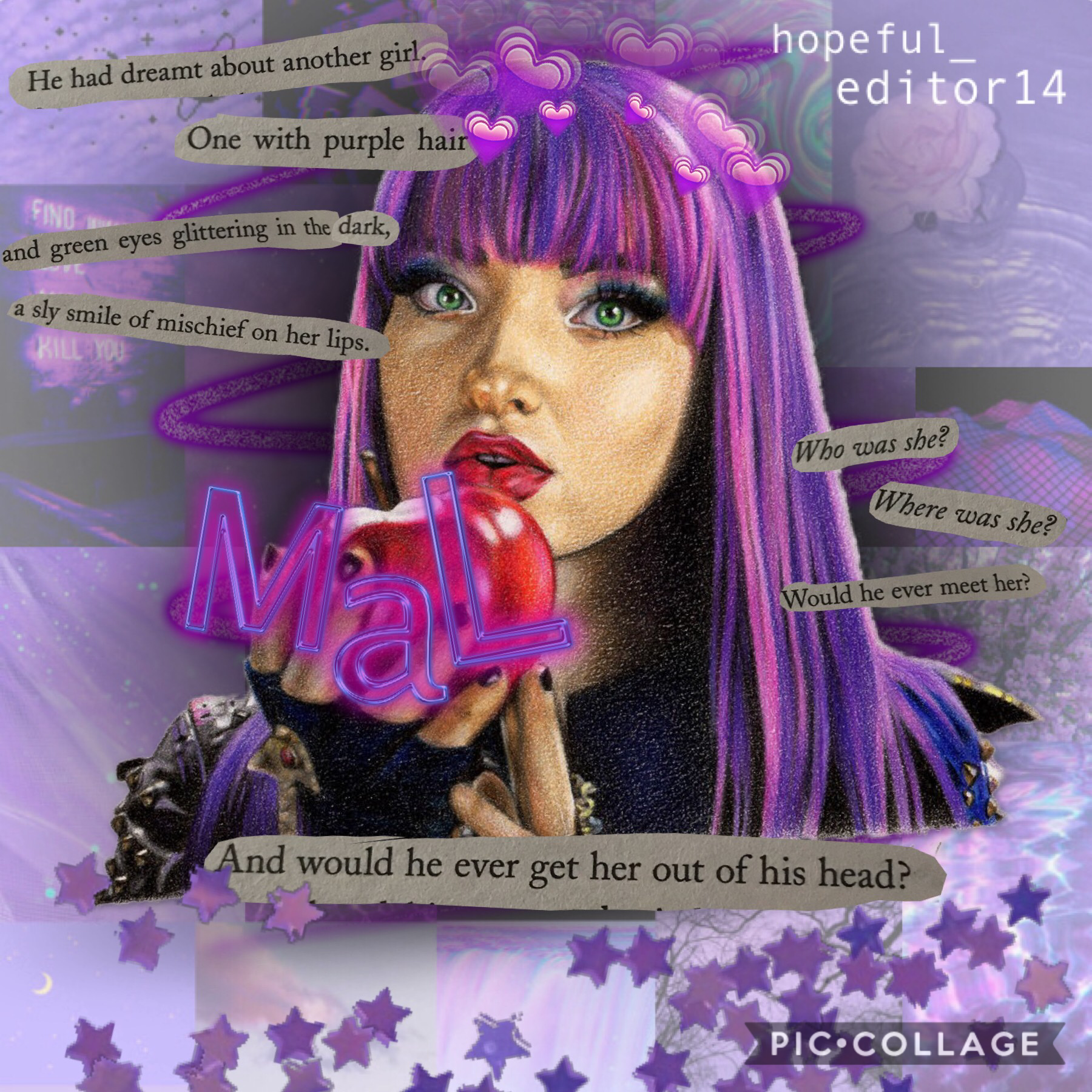 t a p
What do you think of this collage?
I kind of love it!!!
The words are a picture j took of the first isle of the lost book! If you haven't read them, I recommend them because they are great and help explain the story better!! QOTD: do you think Malef
