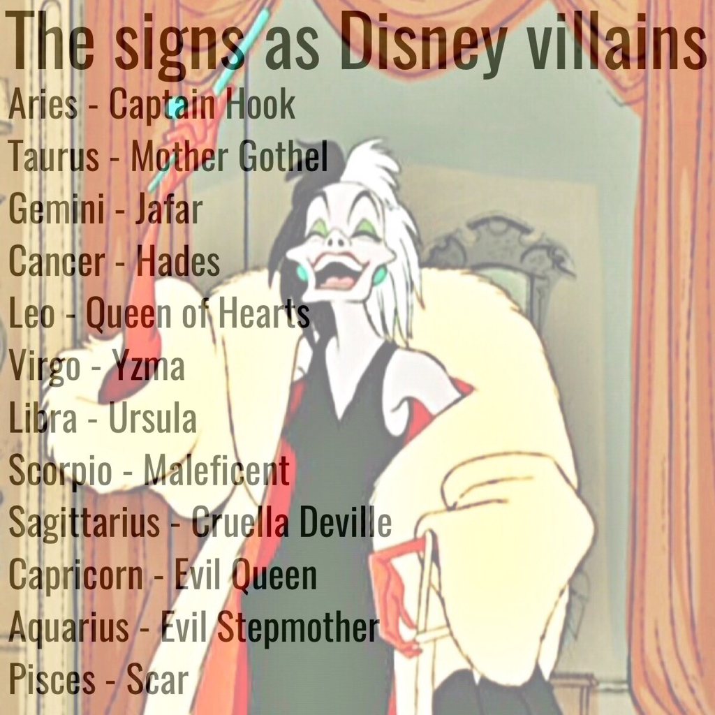 😈The signs as Disney villains😈
Haha Disney villains are the best!👌💀