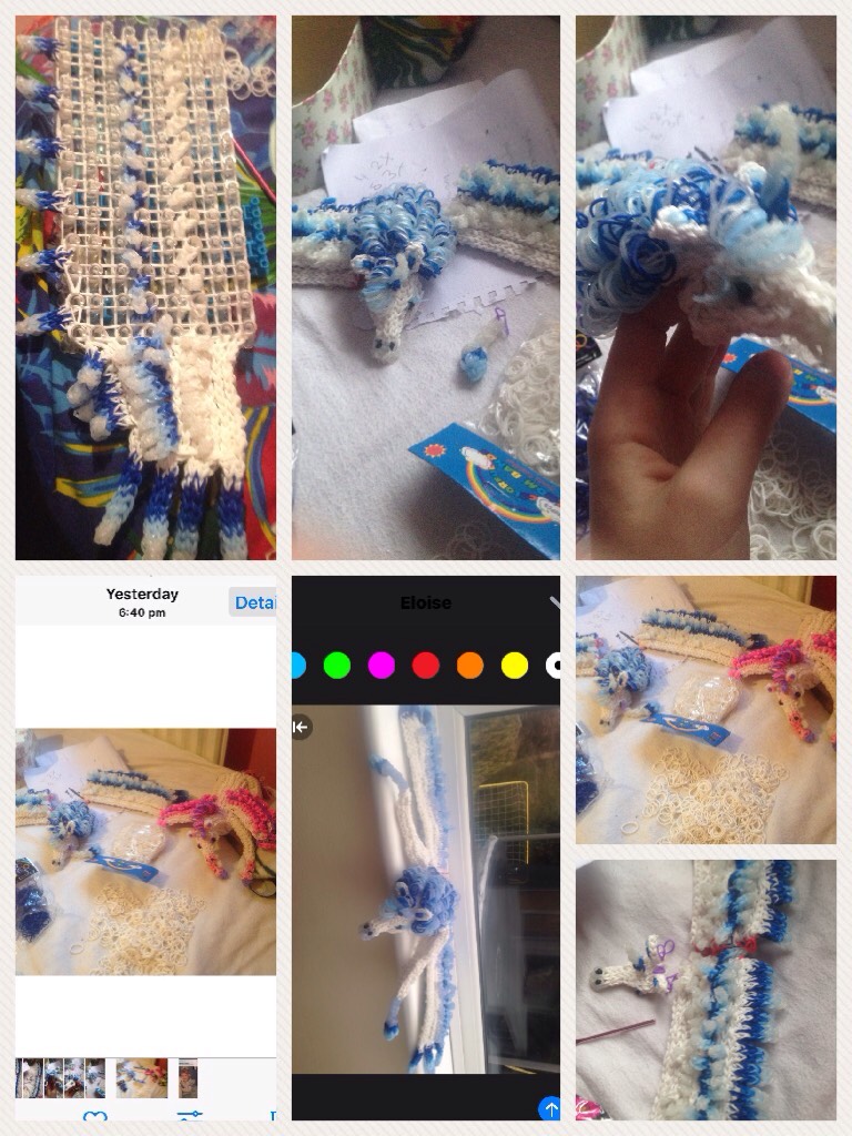 Loom band alicorn clear bands change to blue in sunlight as shown on one of the picks waiting for more white bands to come so I can finish her
