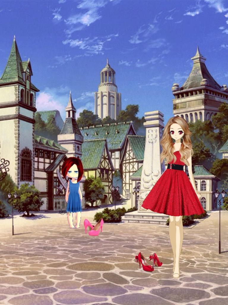 Blue dress girl: "I'm gonna be the cutest girl here! With a blue dress and pink shoes screams Christmas!" 
Red dress girl " this is waaaay too much red! But that's Christmas enough! I also love these shoes." 
Blue dress girl " Oh come on! There's always s