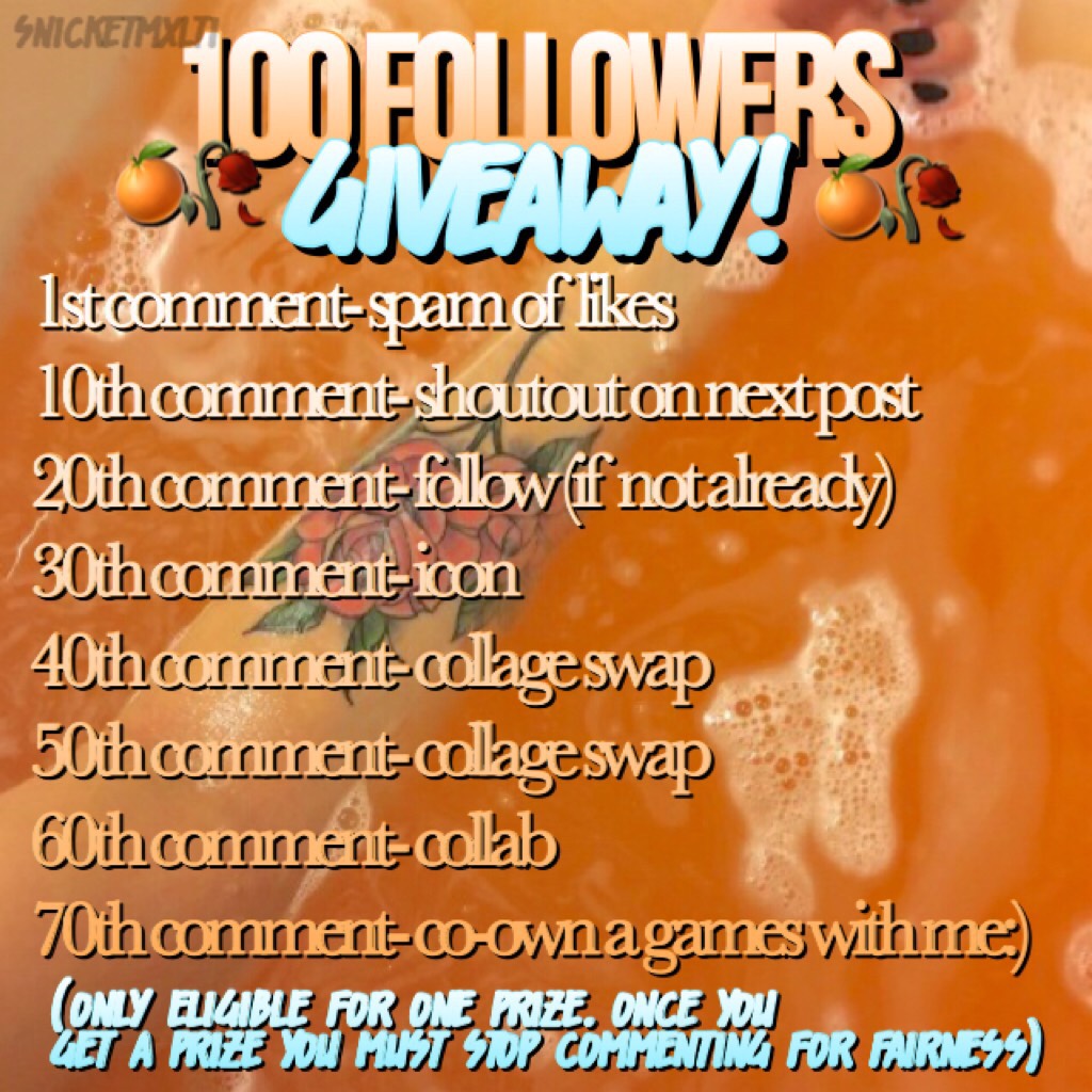 TAP FOR GIVEAWAYS!!!


AAAAAH!!! WE HIT 100 SO FAST WE DID IT!! 

because of my achievements, I’d like to give back to the people that made it happen!
Here are some rules :

-once you’ve earned a prize (if you want one or aim to get one), you cannot comme