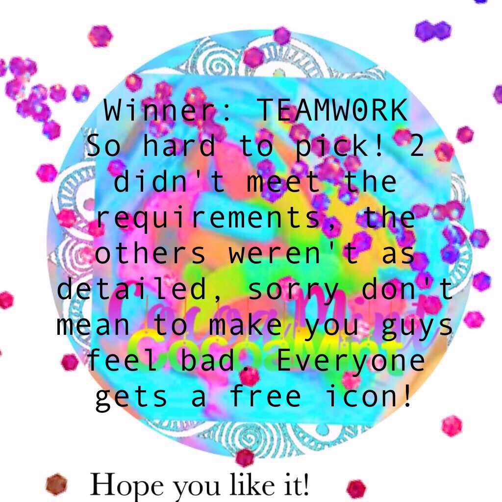 Winner: TEAMW0RK 
So hard to pick! 2 didn't meet the requirements, the others weren't as detailed, sorry don't mean to make you guys feel bad. Everyone gets a free icon! 