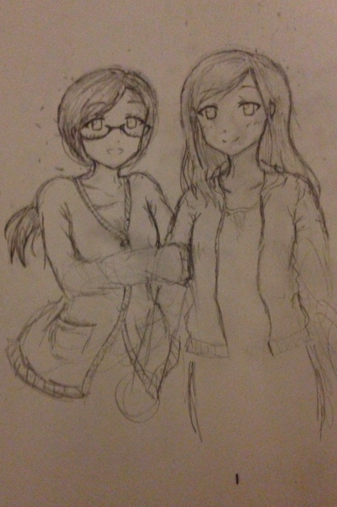 WIP of a random drawing of me and my friend Saige, I'm the glasses girl and she's the other one 