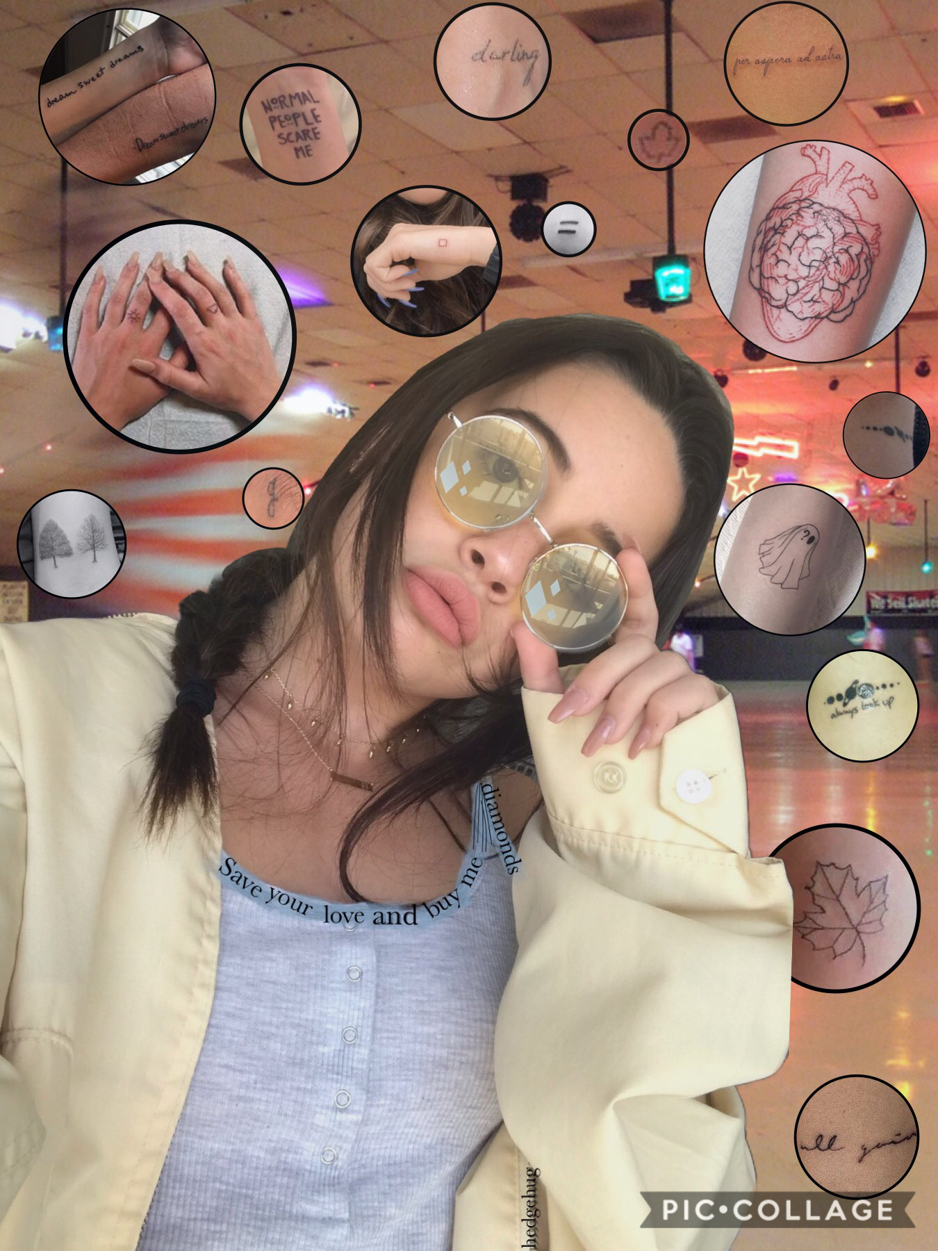 Tap! 
The photos in the circles are all of bea’s tattoos! Whaaaaaaat? Me? Pfffft, nahhh I’m totally not obsessed with bea miller, absolutely, positively no way*winkAwink* gaaaaaah this looks so bad okie well I tried, and the thing on her glasses is suppos