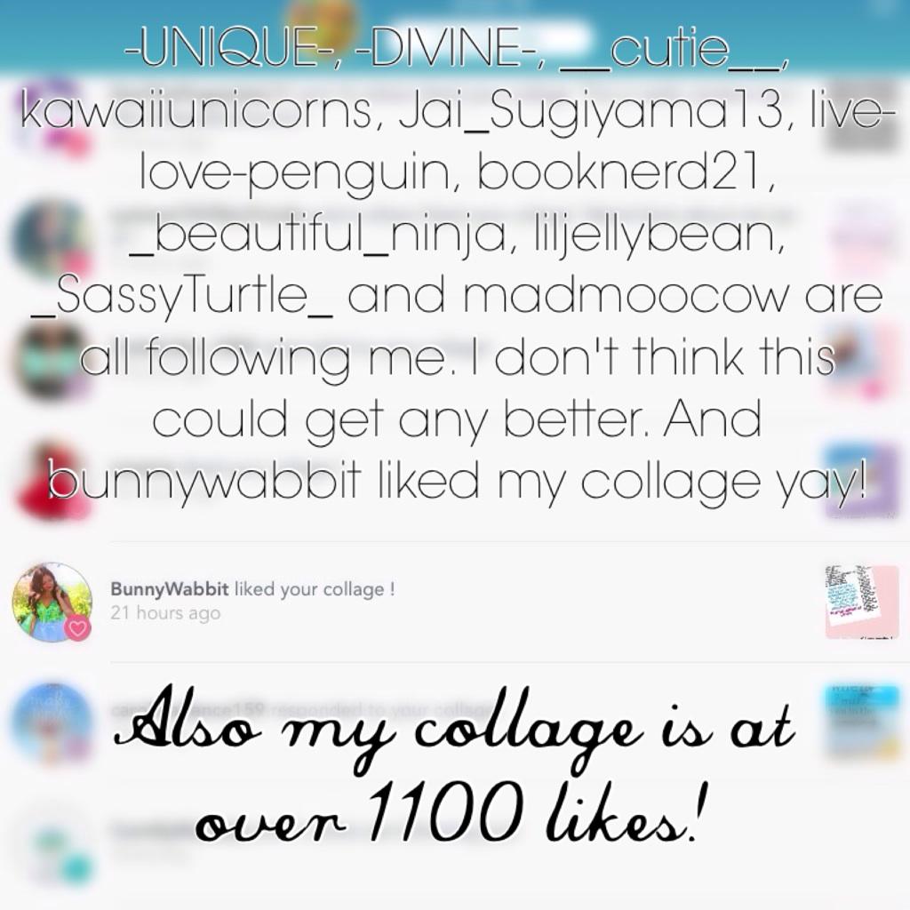 -UNIQUE-, -DIVINE-, __cutie__, kawaiiunicorns, Jai_Sugiyama13, live-love-penguin, booknerd21, _beautiful_ninja, liljellybean, _SassyTurtle_ and madmoocow are all following me. I don't think this could get any better. And bunnywabbit liked my collage yay!