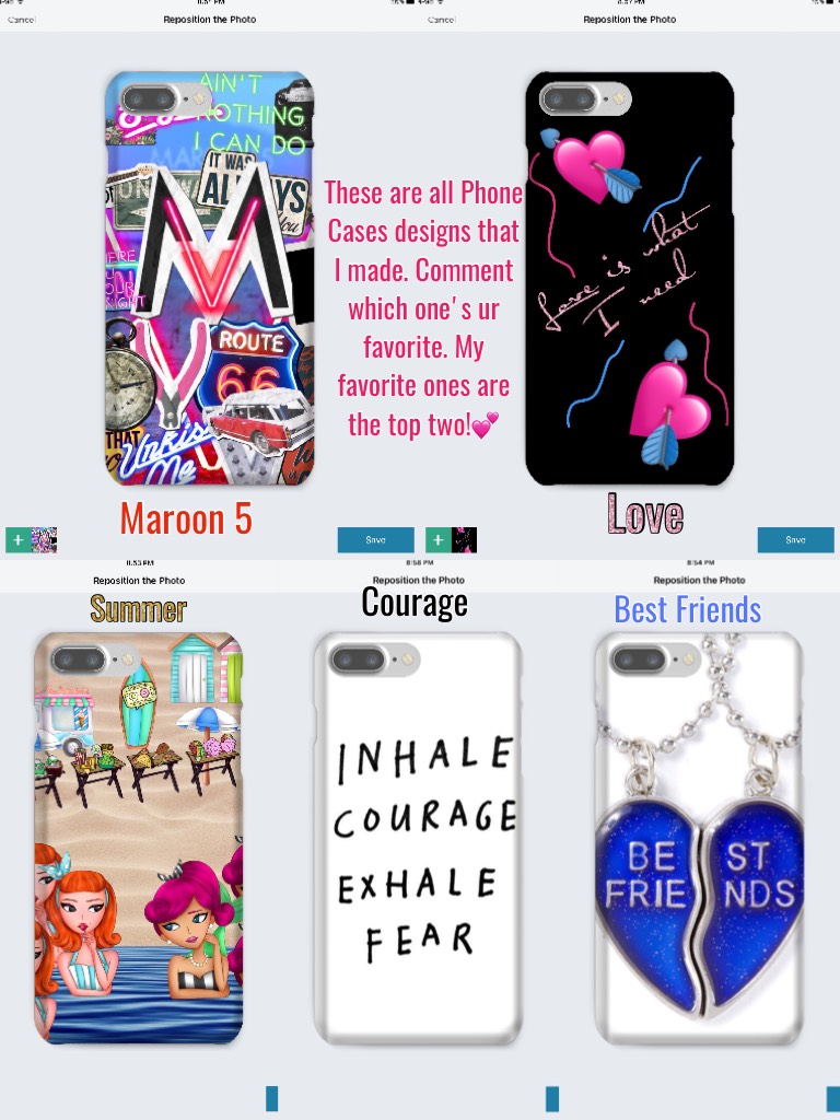 These are all Phone Cases designs that I made. Comment which one's ur favorite. My favorite ones are the top two!💕