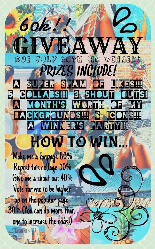 Oooooh! I'm so excited! *click for details! * 💕 

Okay! If you repost the collage! Be sure to put "Leila101" in the Captions! 💕 % = chance of winning! 

Tags: PicCollage only collage summer photography love flowers giveaway contest cute edit Leila101 