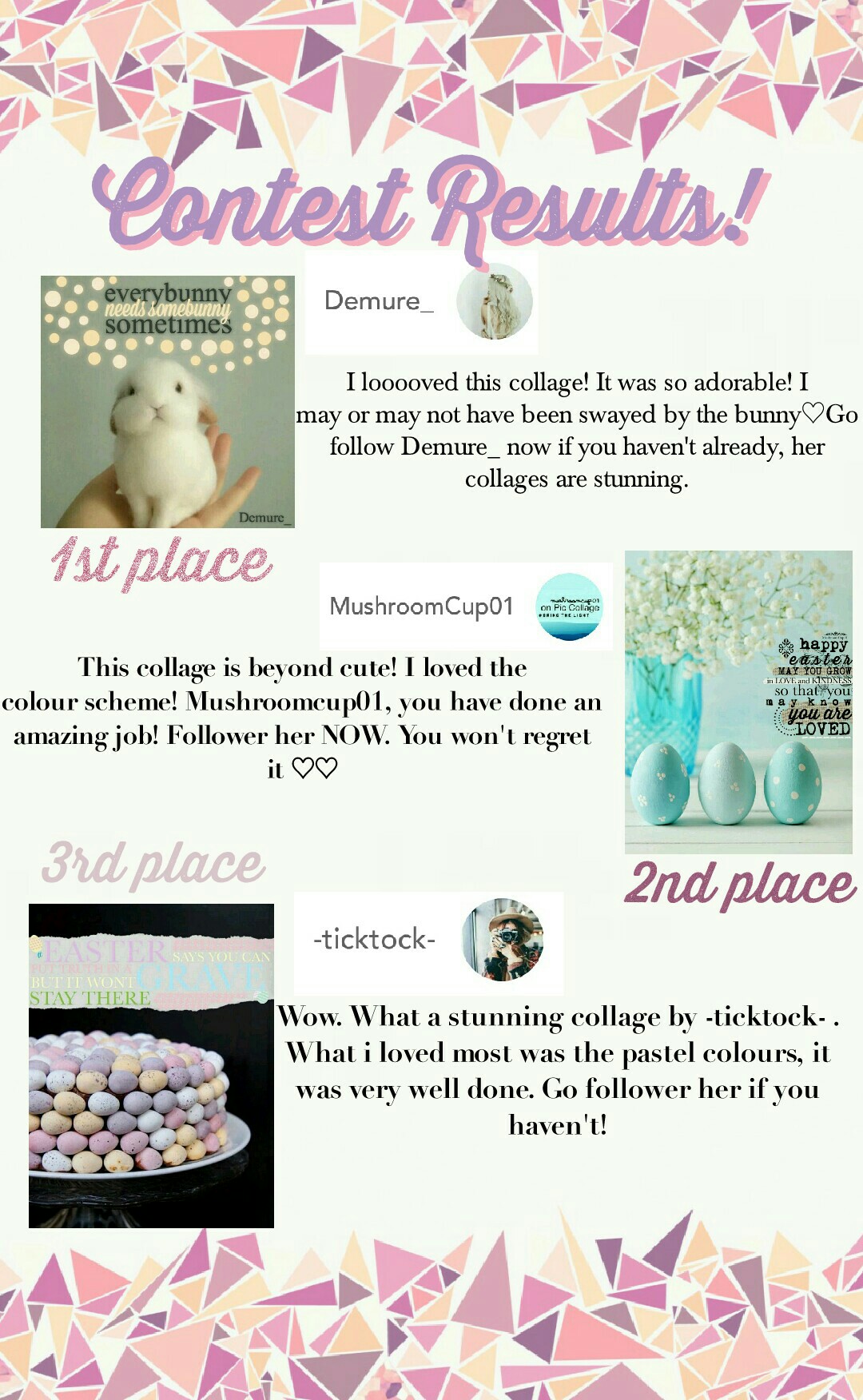 Contest results!
Congrats to our 3 winners! And a big thanks to everyone who entered. Your support means the world to me and I love you to peices. Great work! 