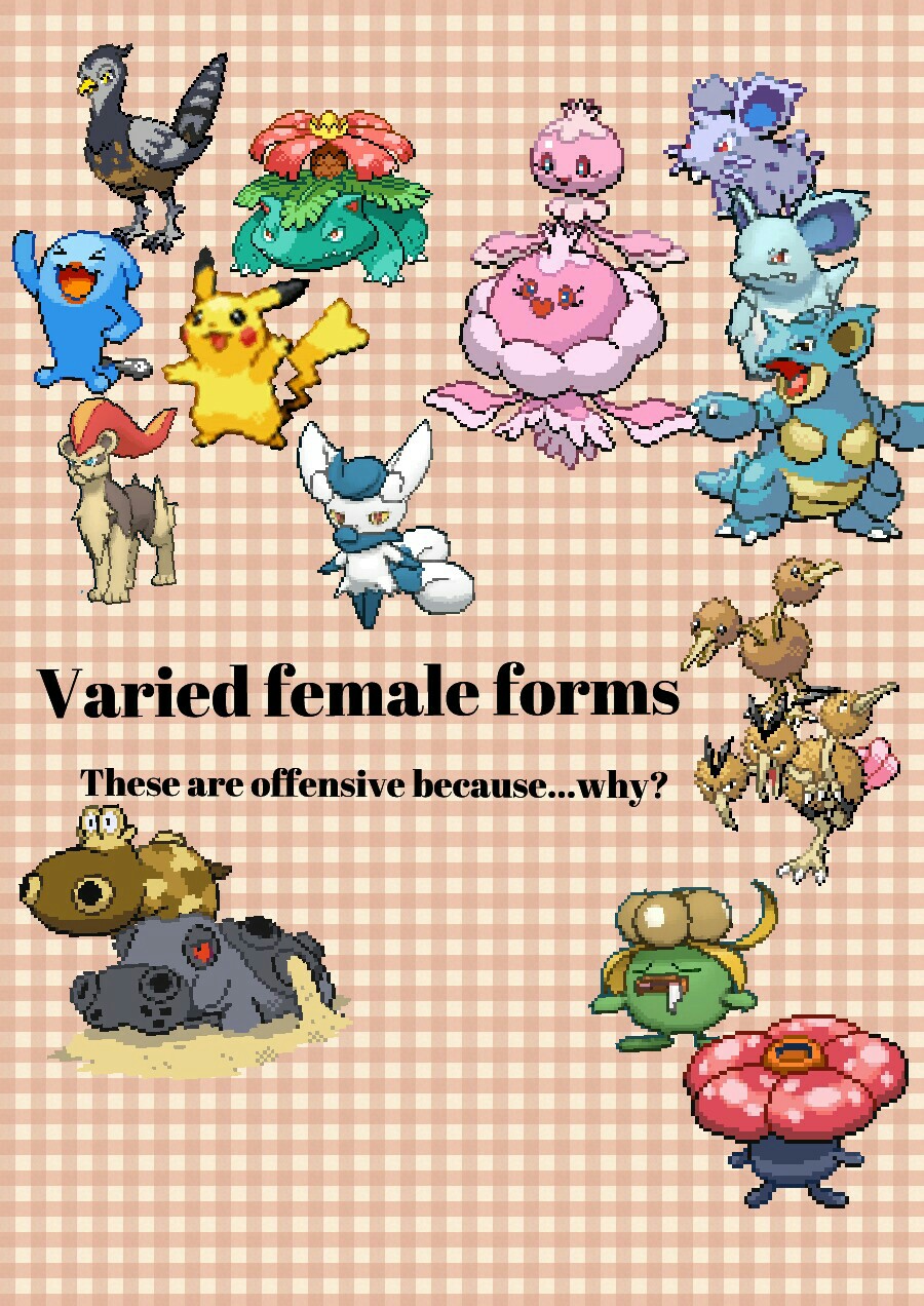 Well? That's right. They aren't. 


If you cannot tell the difference in a few of them, I'll explain before I get a bunch of questions. A Venusaur has a seed in her flower if she is female, Doduo and Dodrio have beige necks rather than black. Gloom and Vi