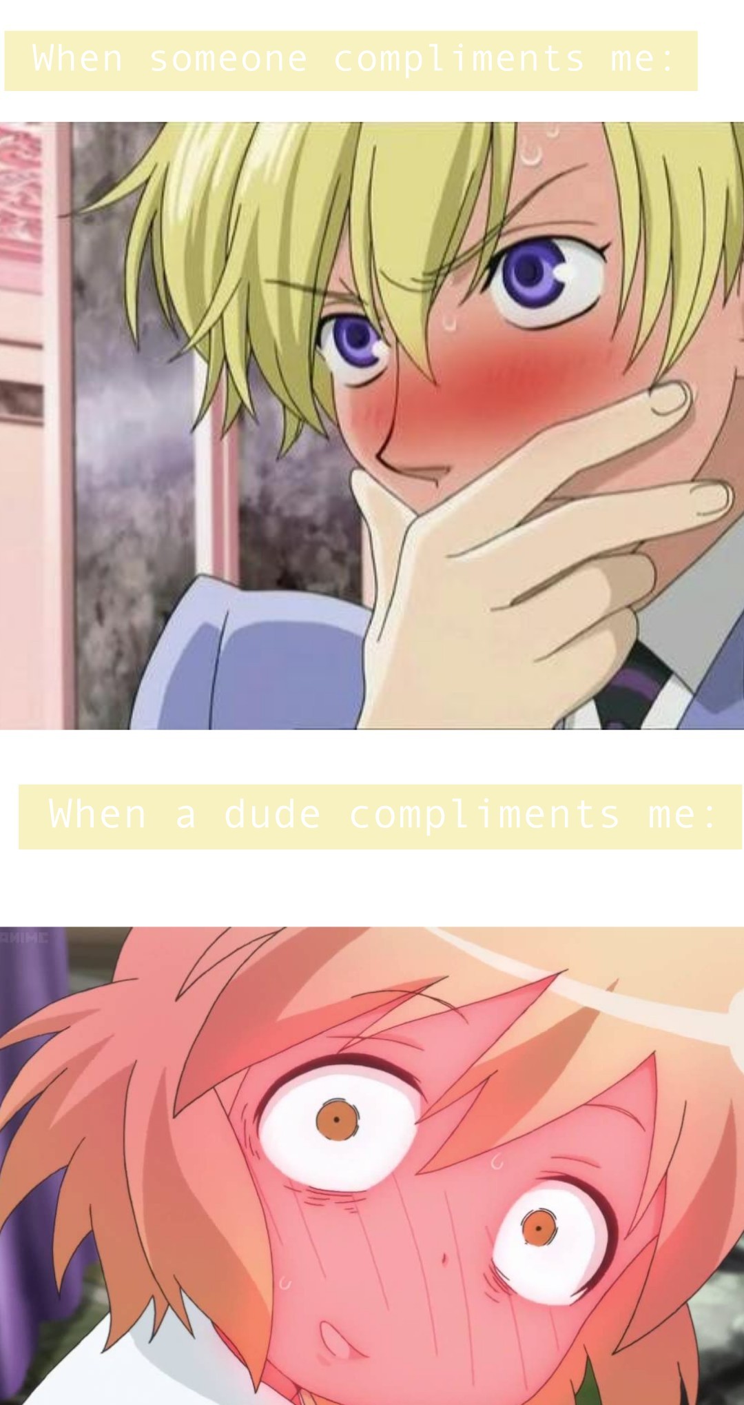 yup I'm ultra straight
have a dumb meme I made based off recent experiences
by "compliments me" I mean calls me cute or pretty
yes I'm dumb