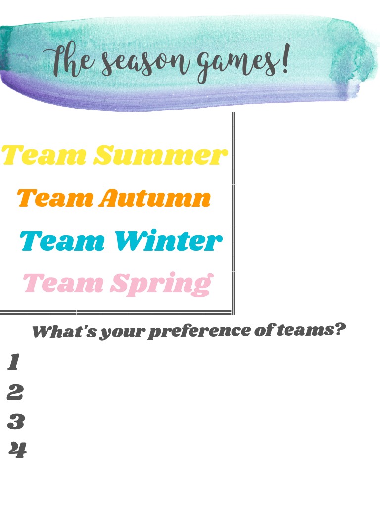 The season games! I realised that some people didn't really like Harry Potter, so I changed it to the season games! Pls sign up! 3 people per team!