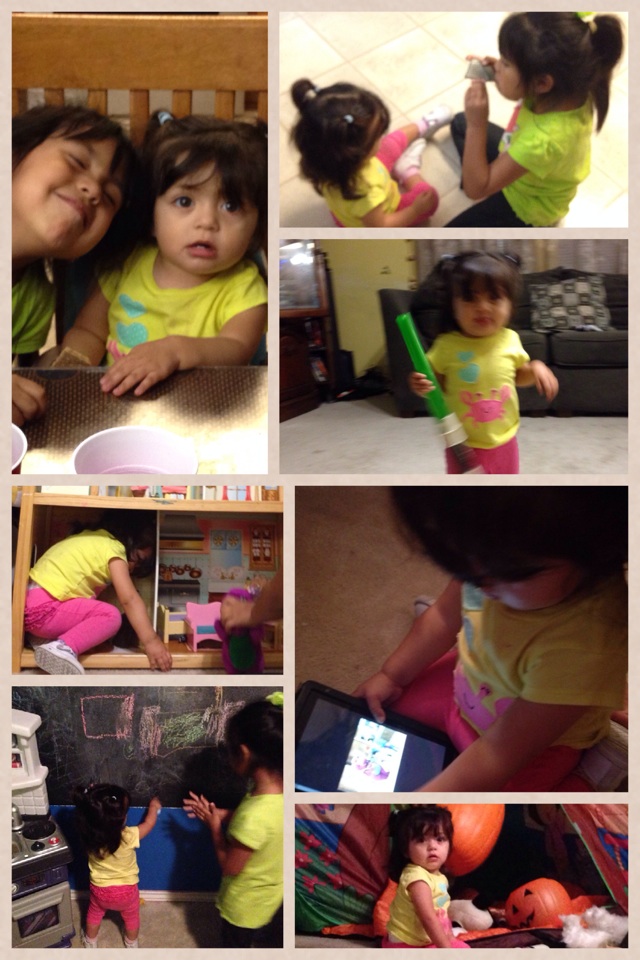 Catalina and her evening out at Great Auntie Mitzi's house.  

She had a very busy evening...had dinner, played the harmonica w/her cousin Micheala, made herself fit in the doll house, became baby girl Yoda, played w/the kindle, wrote on the wall then pla