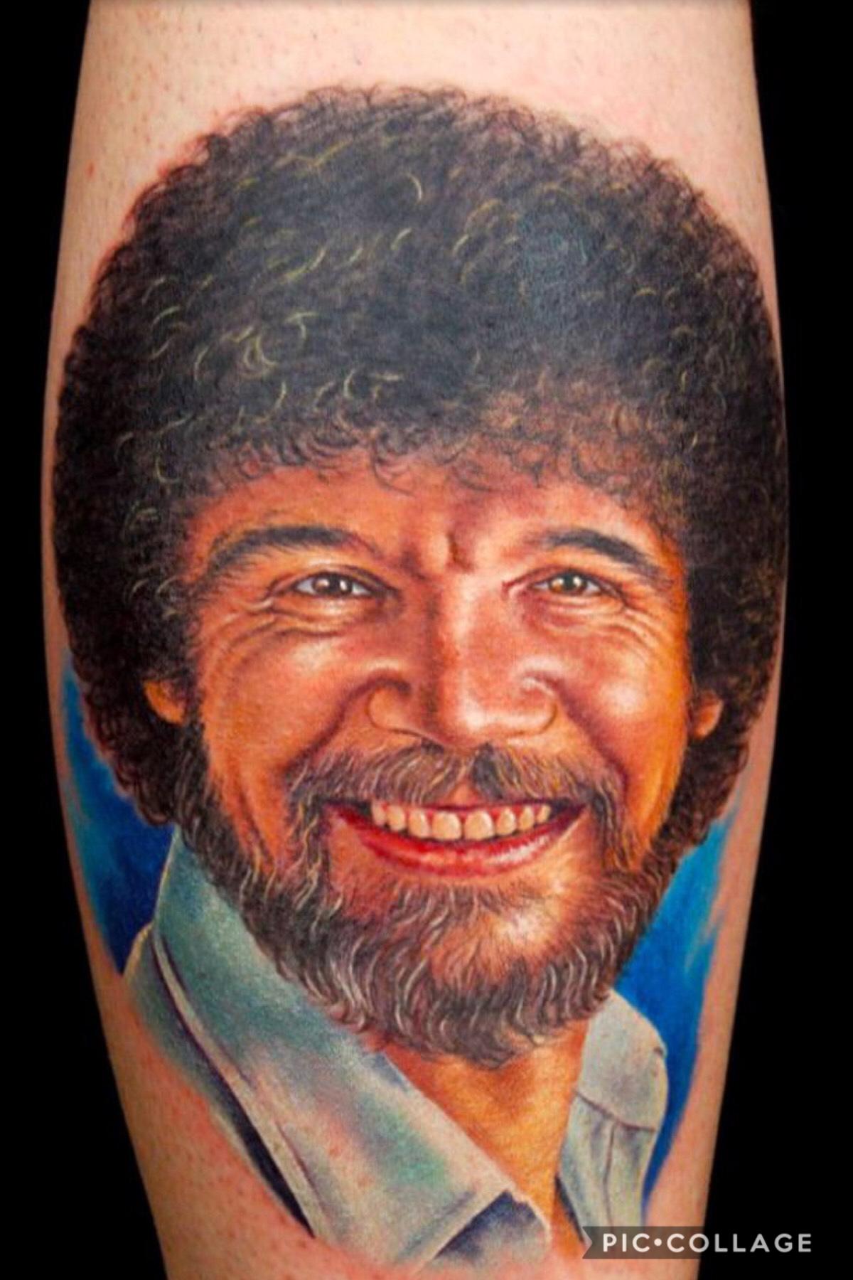 This isn’t a collage... someone got a tattoo of Bob Ross! That’s a true fan🌲