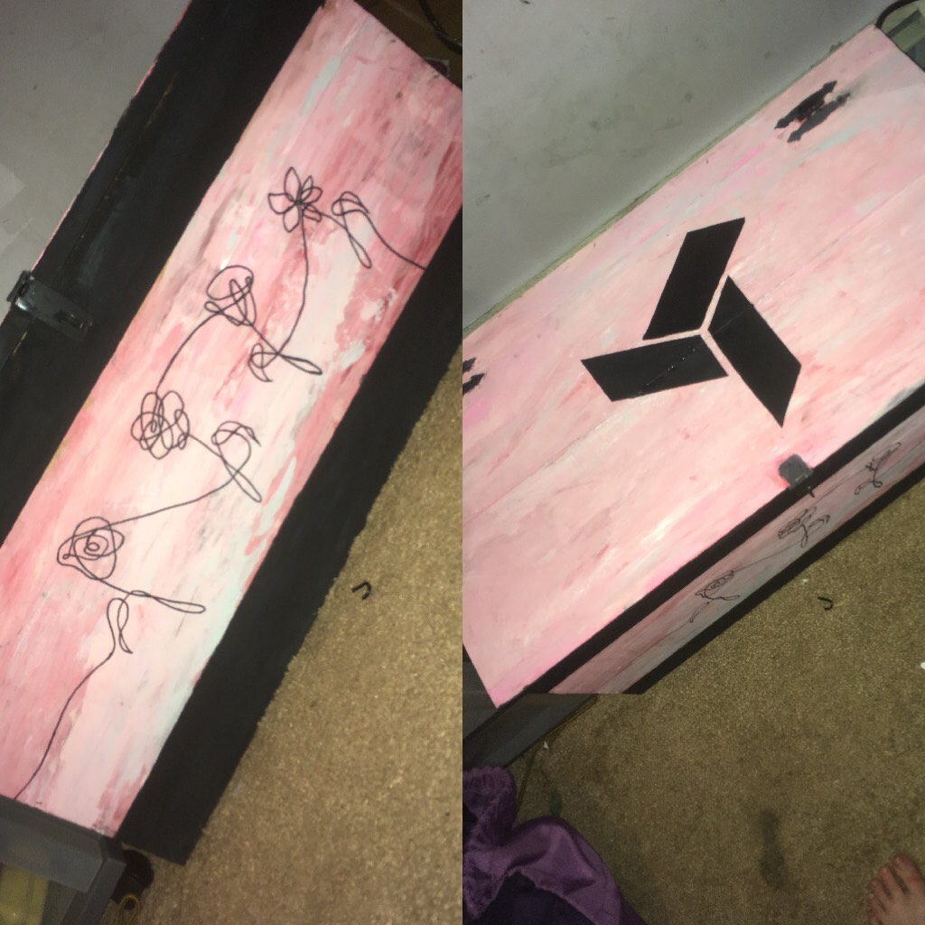 hI sorry i havent posted an edit in a while but i painted my chest a weird pink and black theme then added bts love yourself artwork and eden’s logo idk 