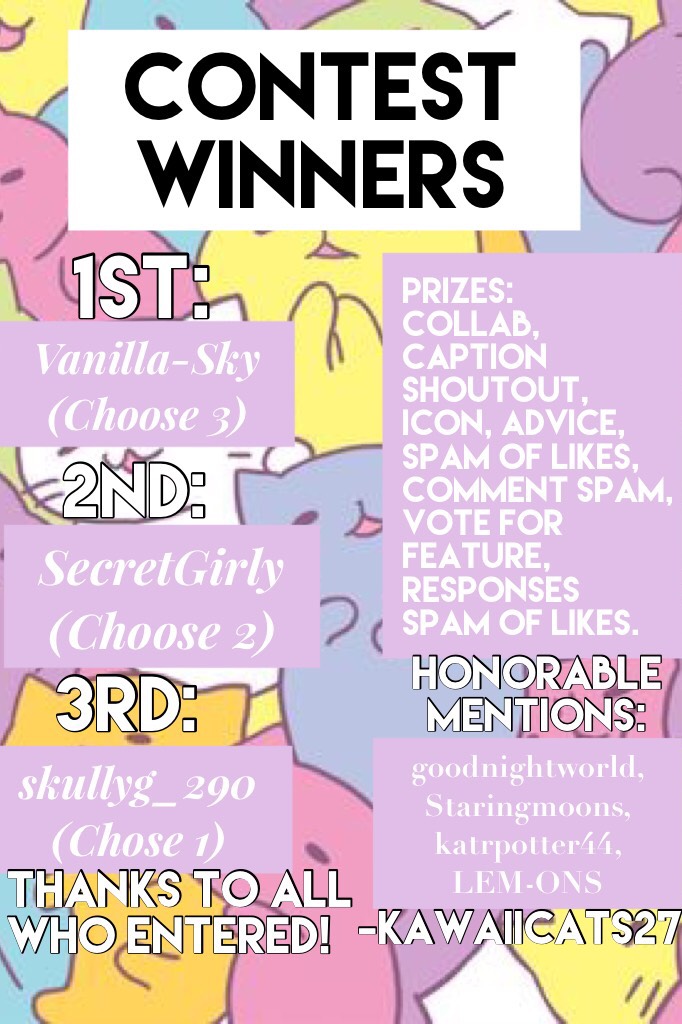 Contest Winners! Pls tell me your prizes selections in the comments!! Also, Thanks so much for 400 followers!!! Yay!