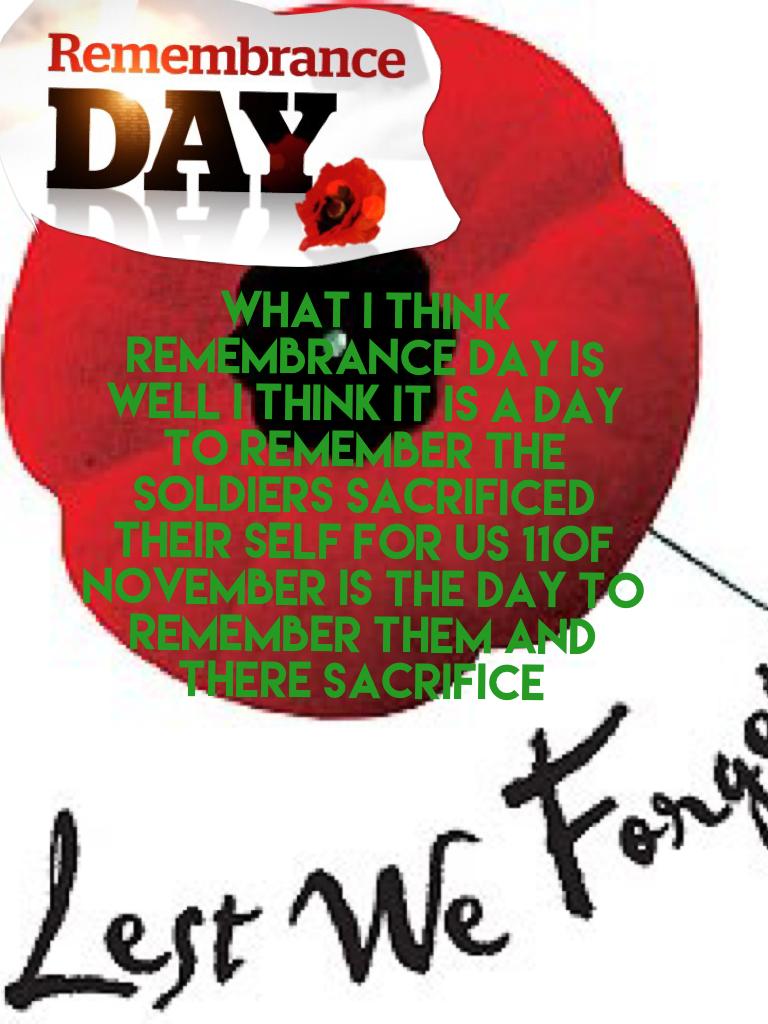 What I think Remembrance Day is 
Well I think it is a day to remember the soldiers sacrificed their self for us 11of November is the day to remember them and there sacrifice 