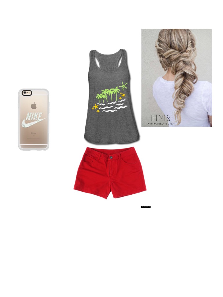In this outfit it's summer themed so the hair is in a braid the shirt is a tank top and the pants are red shorts and the phone is a iphone 6s and a Nike clear case.