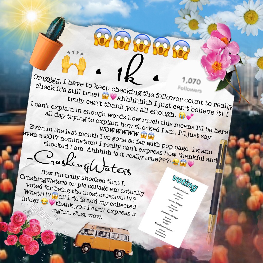 Ahhhhhhhhhh is this true?!!😱😱😱😱😱❤️😭💕
Thanks so much you don't know how much this truly means to me, all one thousand (and 70) of you 💗🌻
Sorry it took so long to post this credit to artistique for background inspiration 
1k surprises coming soon 🎉💖