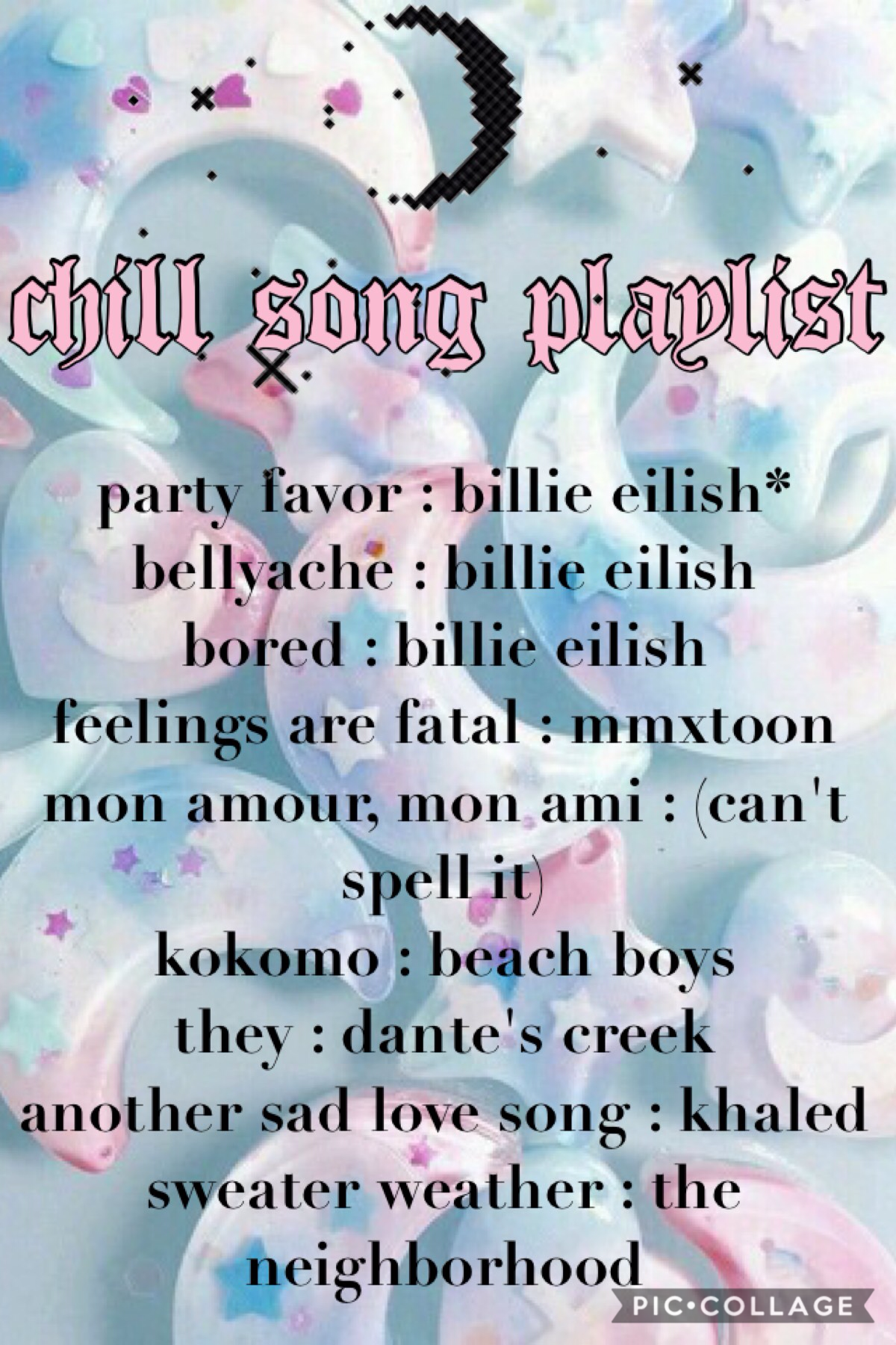 ☄ tap for more ☄
the * means that party favor is slightly explicit, sorry. these are some of my favorite songs, and they're all pretty dang chill! have an amazing day, and i love you all! <3 <3 <3