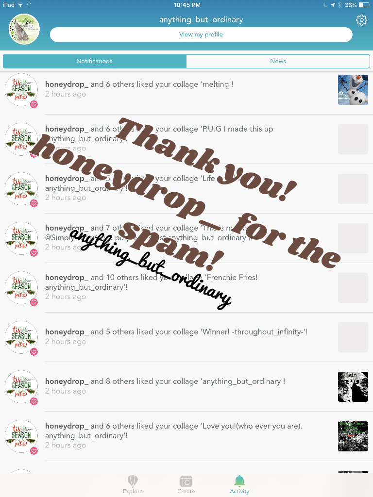 Thank you! honeydrop_ for the spam! anything_but_ordinary