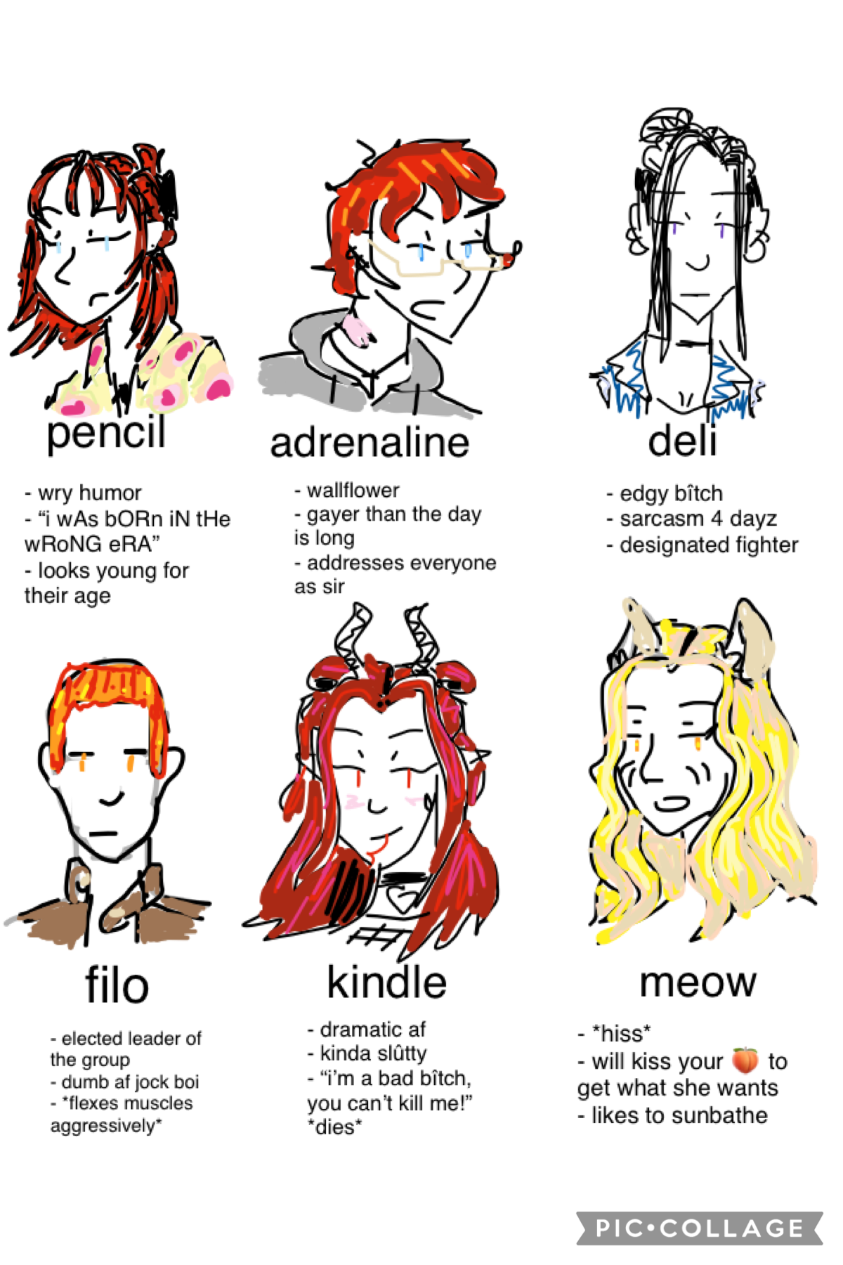 tag yourself: fall of angelis arc edition (tap)

pencil=penelope, adrenaline=adrien, deli=del, filo=milo, kindle=kynna, meow=elaina. I never talk about this arc so here are the main characters lol. also I really need someone to talk about wandavision with