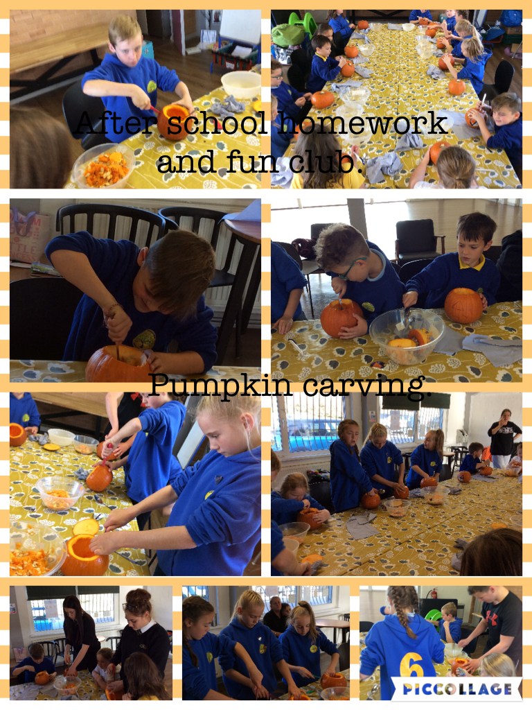 After school homework and fun club busy carving pumpkins, we also tried pumpkin soup and toasted pumpkin seeds, yum!