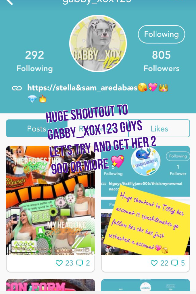 Huge shoutout to Gabby_XOX123 guys let's try and get her 2 900 or more 💖