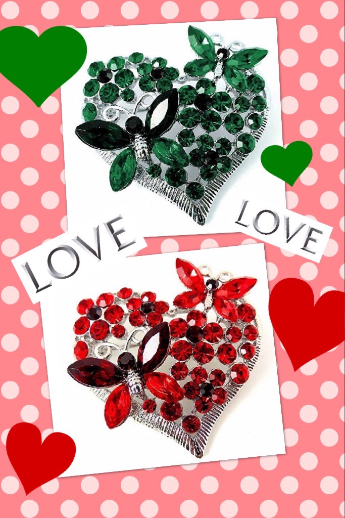Love heart broaches in gorgeous green and red. Made of lots of sparkly crystals 
