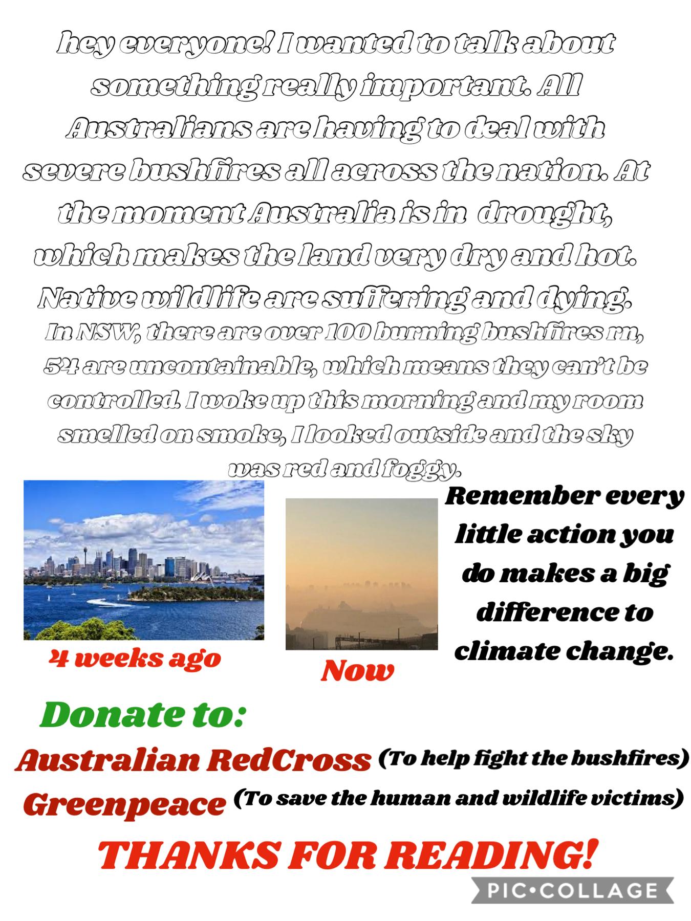 We should all start caring about climate change. It’s made a huge impact on Australia. Thanks so much for reading tho! Donate to: Australian RedCross and Greenpeace 💚💚❤️❤️