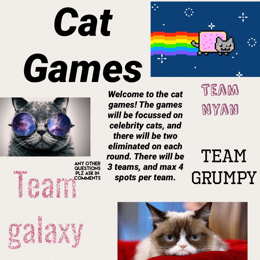 Cat Games! Plz enter.  Closing date For entry's is August 31st. May be later if few entry's.  Thx!