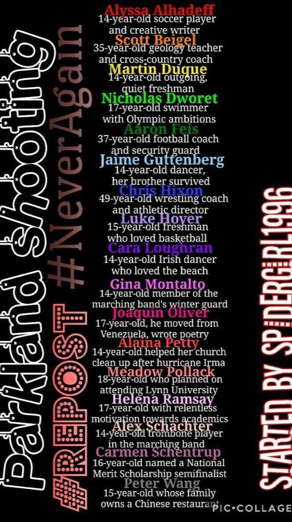 I usually don’t do these repost things, but I’m reposting this for the Parkland Shooting. Please repost in honor of all the kids that died. This wonderful edit/reposting thing was made by @spidergirl1996 be sure to follow her!
Also Happy Transgender Day o
